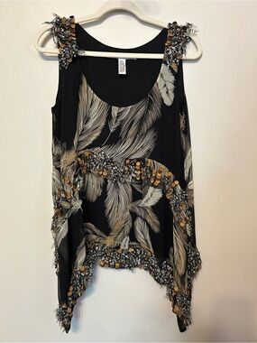 Diane Von Furstenberg Black Silk Feather-Print Tunic Evening Event Wedding Guest